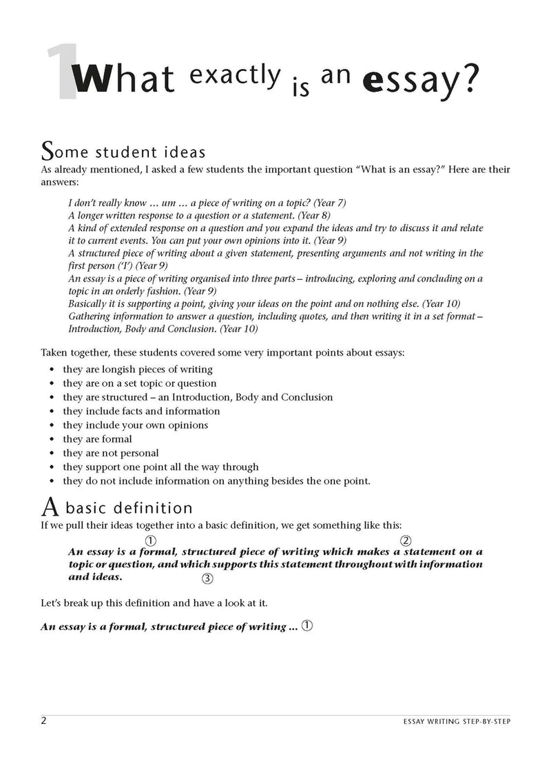 Sample interior page from the Excel Essential Skills Essay Writing Step-by-Step workbook as shown in the publisher preview