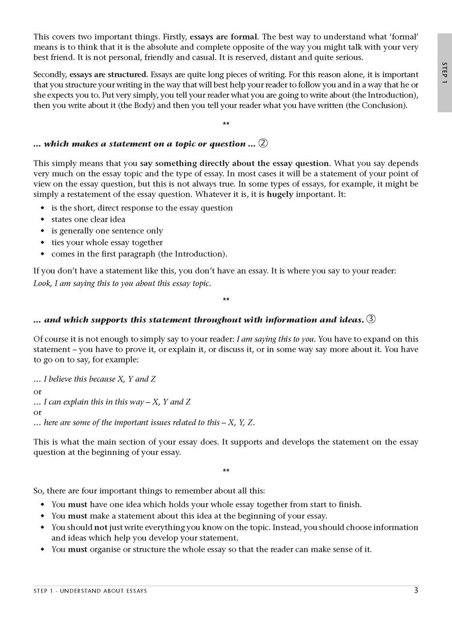Sample interior page from the Excel Essential Skills Essay Writing Step-by-Step workbook as shown in the publisher preview