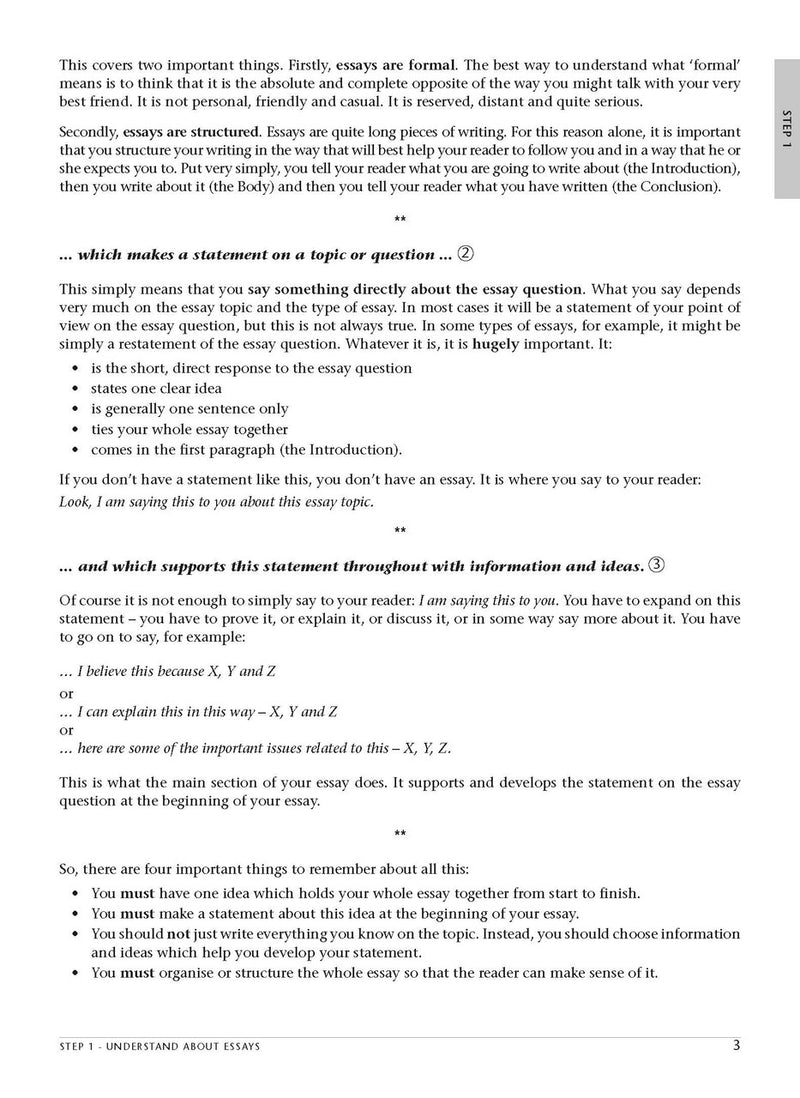 Sample interior page from the Excel Essential Skills Essay Writing Step-by-Step workbook as shown in the publisher preview