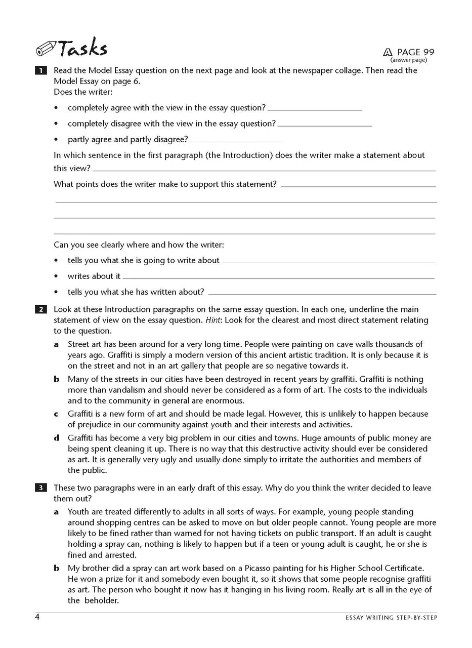 Sample interior page from the Excel Essential Skills Essay Writing Step-by-Step workbook as shown in the publisher preview