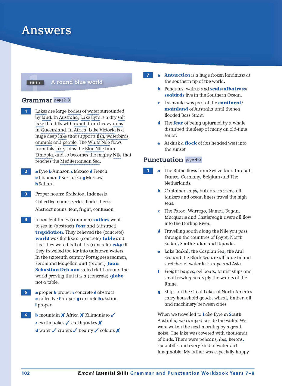 Sample interior page from the Excel Essential Skills Grammar and Punctuation Workbook Years 7-8 as shown in the publisher preview