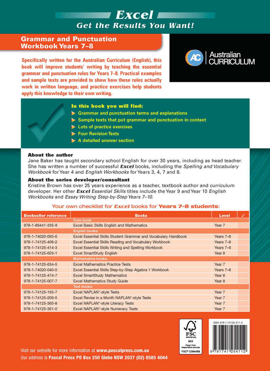 Back cover of the Excel Essential Skills Grammar and Punctuation Workbook Years 7-8 with the publisher's summary