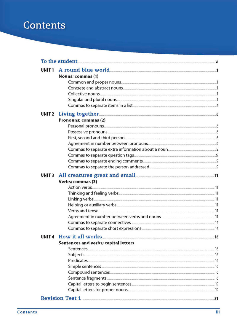 Contents page from the Excel Essential Skills Grammar and Punctuation Workbook Years 7-8 listing the units inside