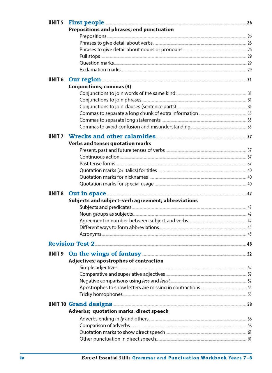 Contents page from the Excel Essential Skills Grammar and Punctuation Workbook Years 7-8 listing the units inside