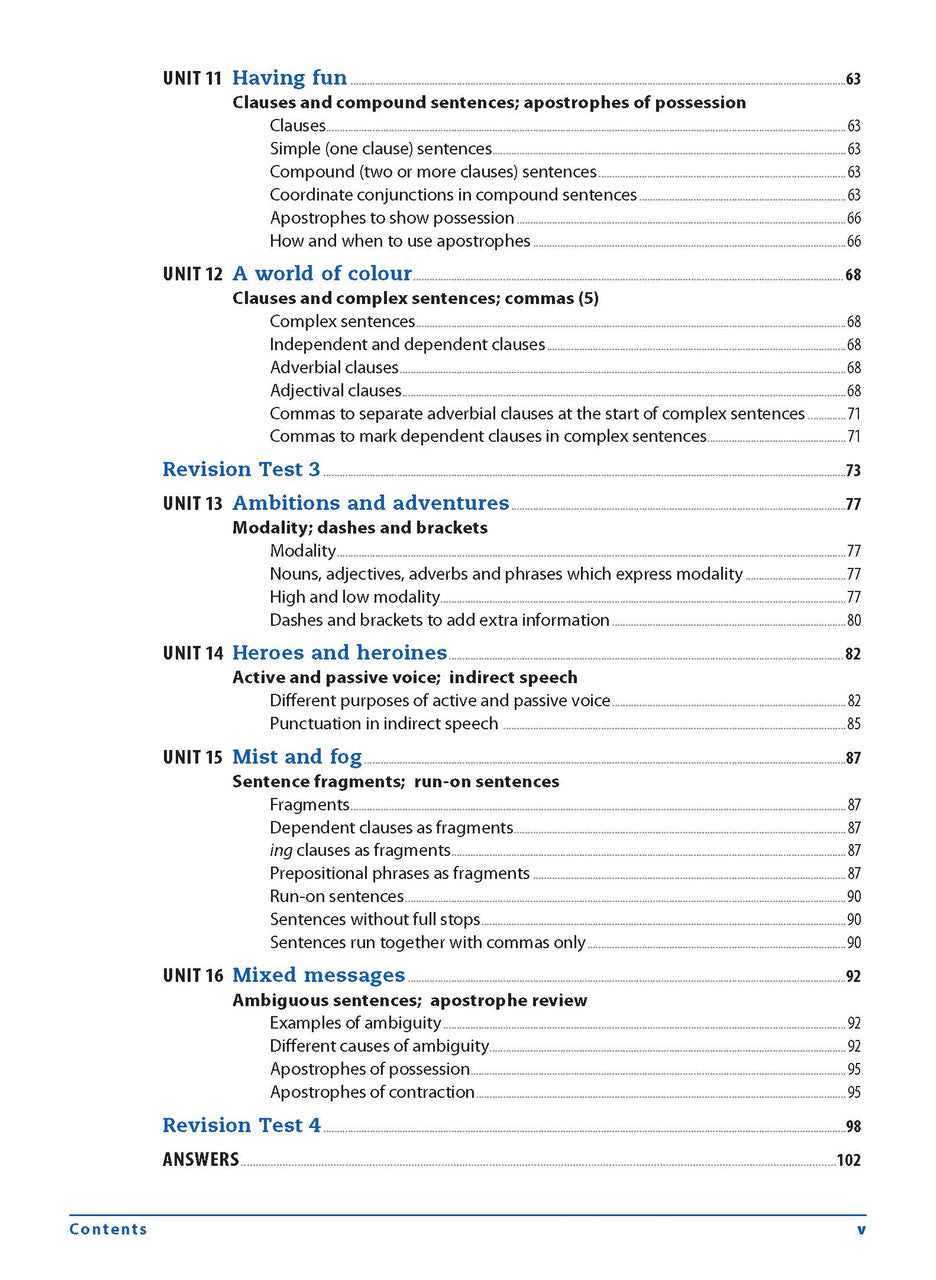 Contents page from the Excel Essential Skills Grammar and Punctuation Workbook Years 7-8 listing the units inside