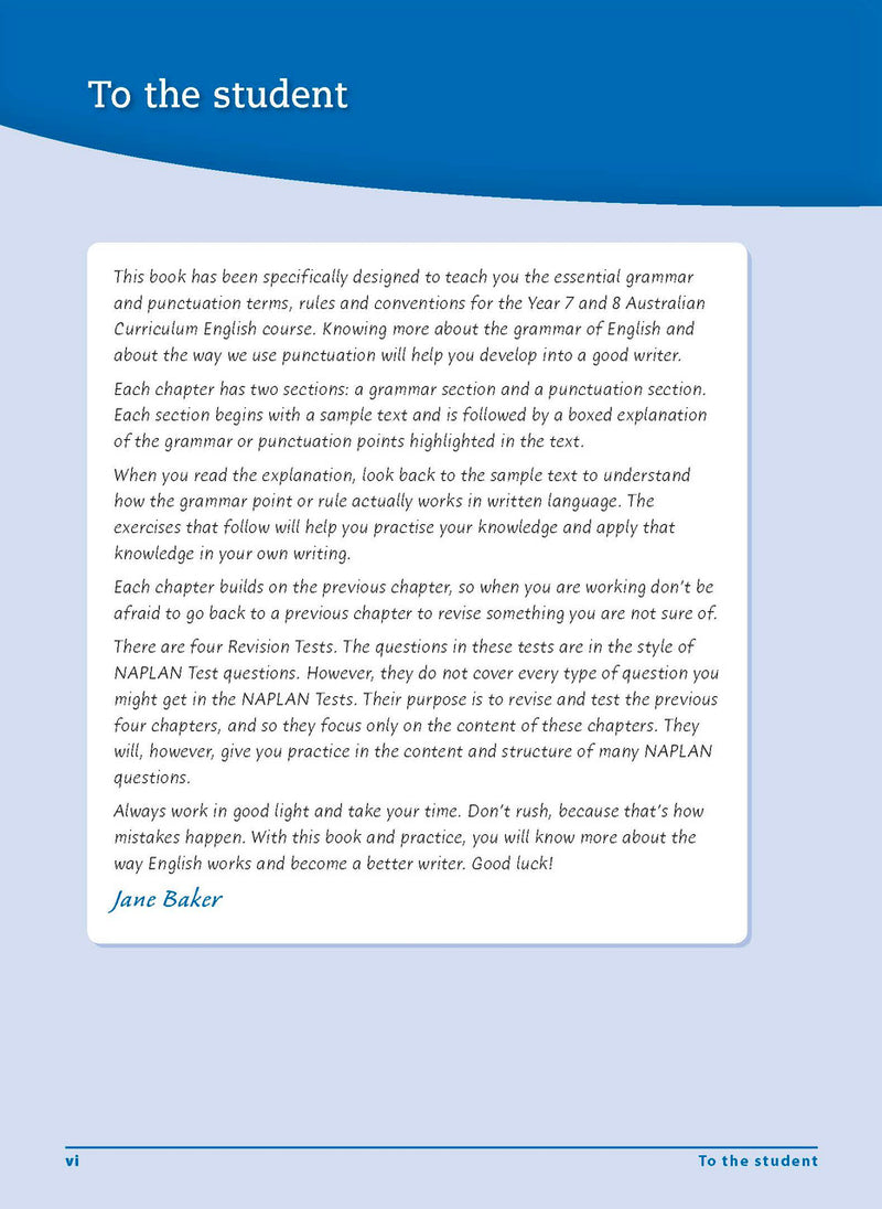 Introductory page from the front of the Excel Essential Skills Grammar and Punctuation Workbook Years 7-8