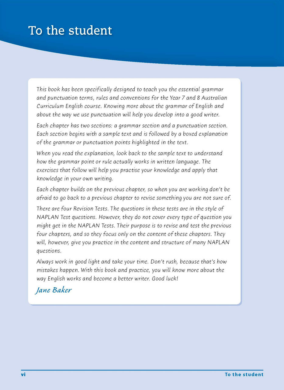 Introductory page from the front of the Excel Essential Skills Grammar and Punctuation Workbook Years 7-8
