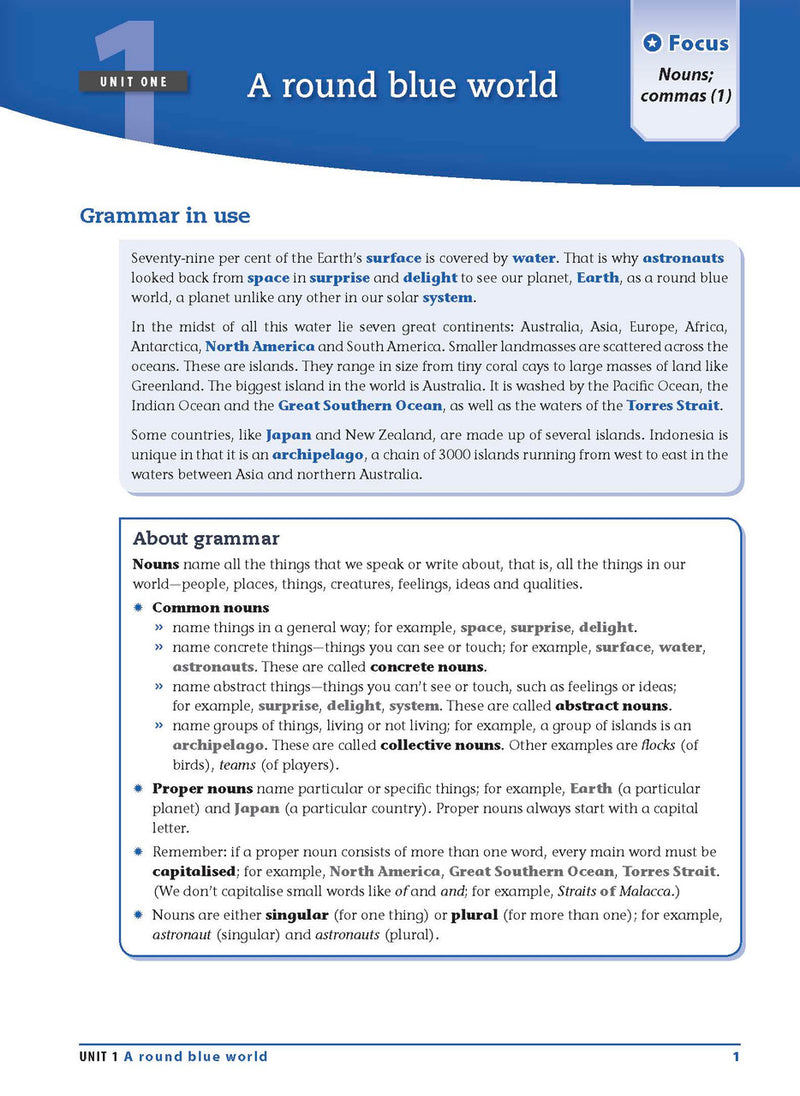 Sample interior page from the Excel Essential Skills Grammar and Punctuation Workbook Years 7-8 as shown in the publisher preview