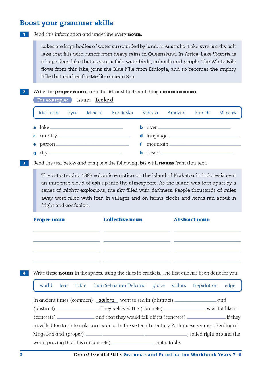 Sample interior page from the Excel Essential Skills Grammar and Punctuation Workbook Years 7-8 as shown in the publisher preview