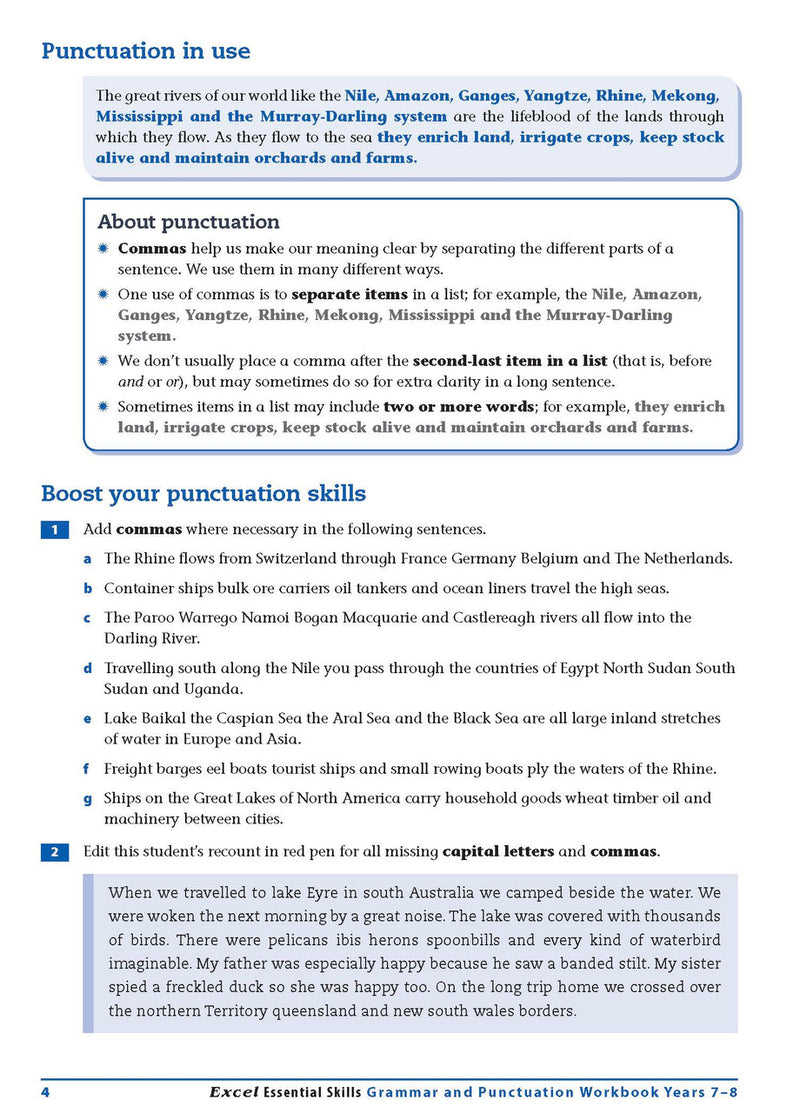 Sample interior page from the Excel Essential Skills Grammar and Punctuation Workbook Years 7-8 as shown in the publisher preview