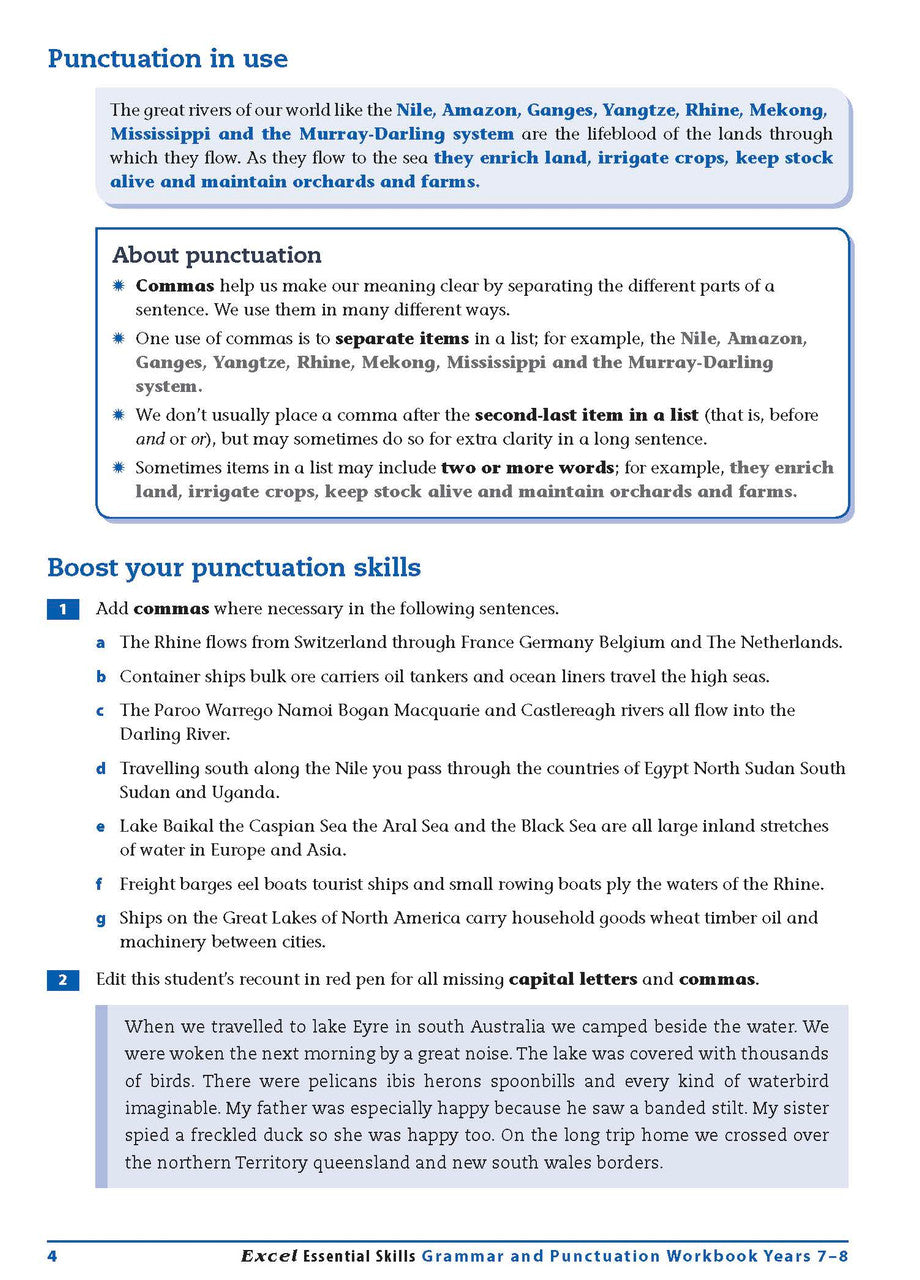 Sample interior page from the Excel Essential Skills Grammar and Punctuation Workbook Years 7-8 as shown in the publisher preview