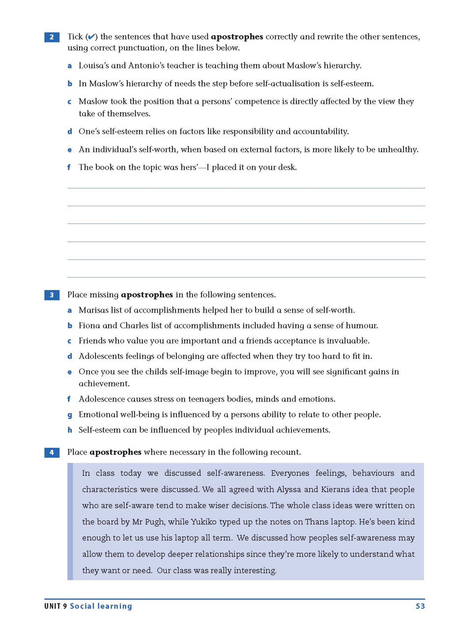 Sample interior page from the Excel Essential Skills Grammar and Punctuation Workbook Years 9-10 as shown in the publisher preview