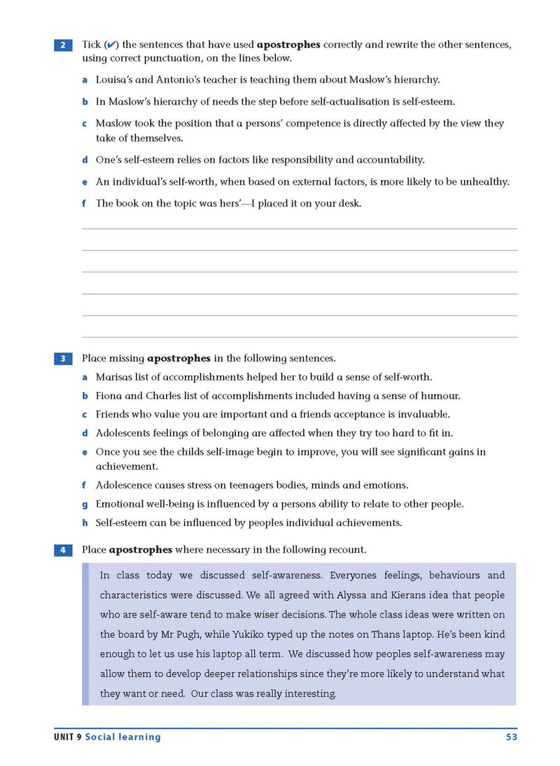 Sample interior page from the Excel Essential Skills Grammar and Punctuation Workbook Years 9-10 as shown in the publisher preview