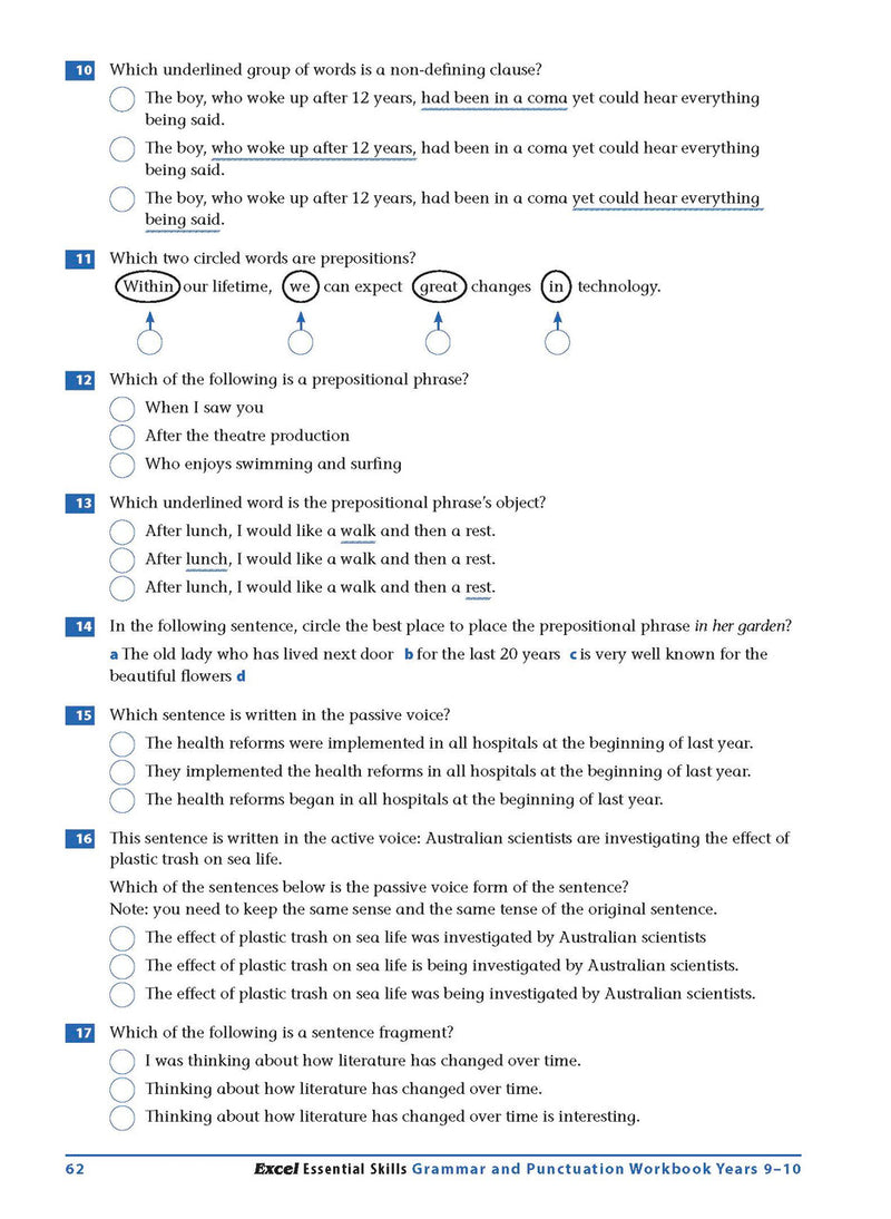 Sample interior page from the Excel Essential Skills Grammar and Punctuation Workbook Years 9-10 as shown in the publisher preview