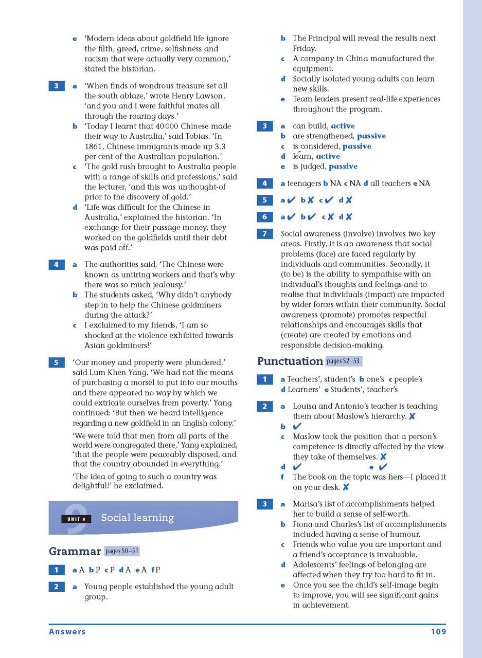 Sample interior page from the Excel Essential Skills Grammar and Punctuation Workbook Years 9-10 as shown in the publisher preview