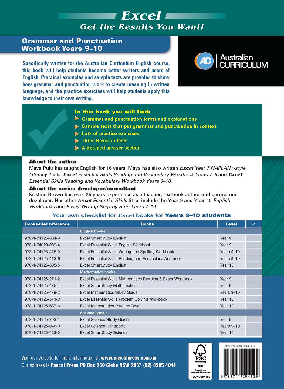 Back cover of the Excel Essential Skills Grammar and Punctuation Workbook Years 9-10 with the publisher's summary