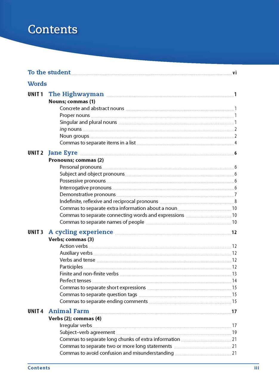 Sample interior page from the Excel Essential Skills Grammar and Punctuation Workbook Years 9-10 as shown in the publisher preview