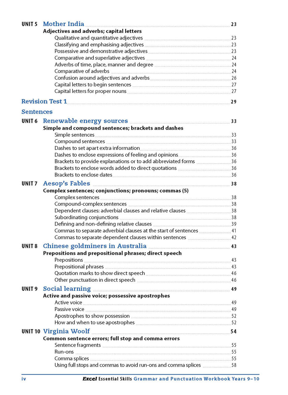Sample interior page from the Excel Essential Skills Grammar and Punctuation Workbook Years 9-10 as shown in the publisher preview