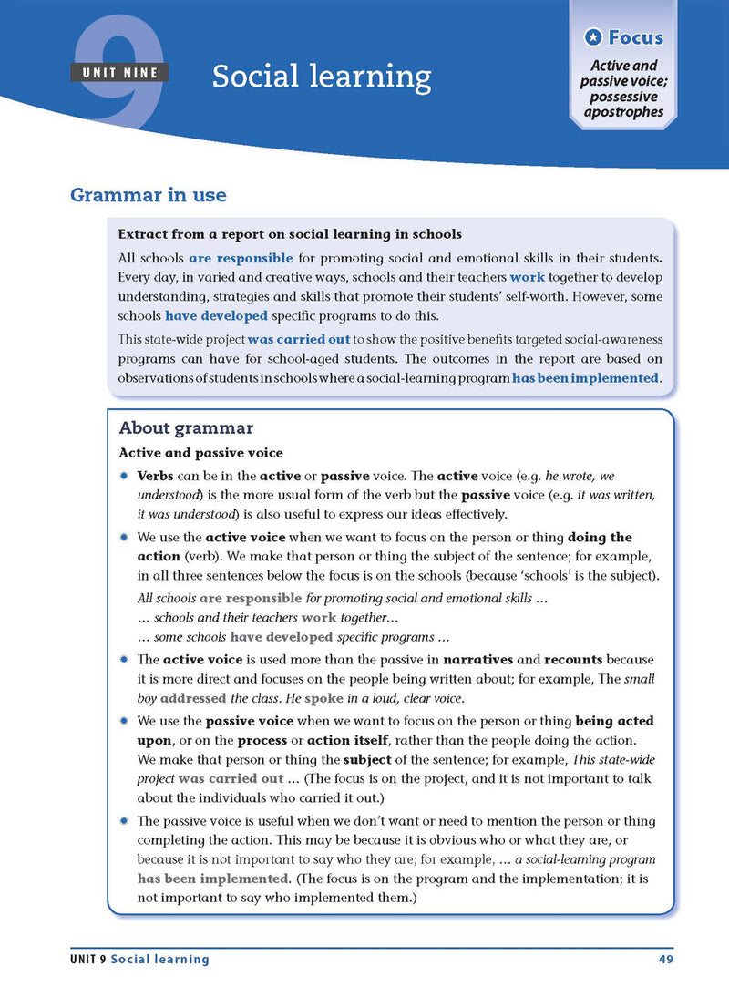 Sample interior page from the Excel Essential Skills Grammar and Punctuation Workbook Years 9-10 as shown in the publisher preview