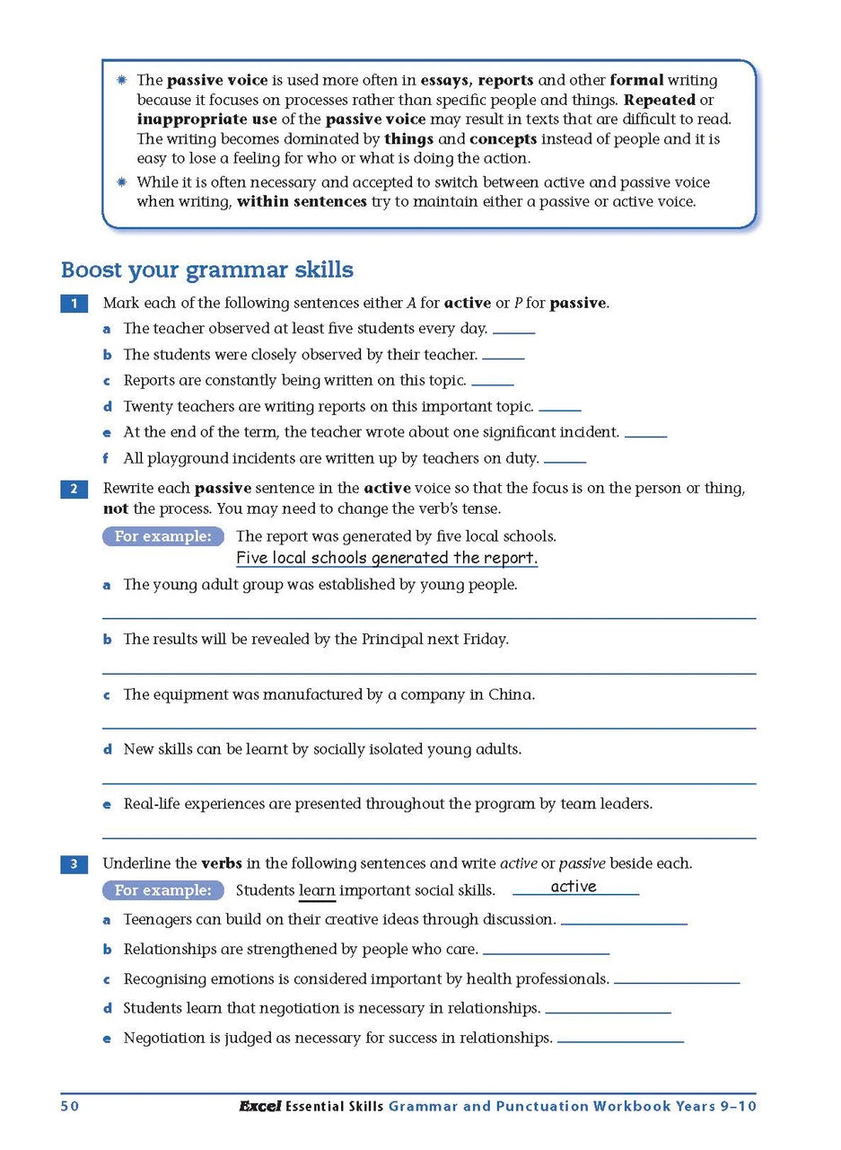 Sample interior page from the Excel Essential Skills Grammar and Punctuation Workbook Years 9-10 as shown in the publisher preview