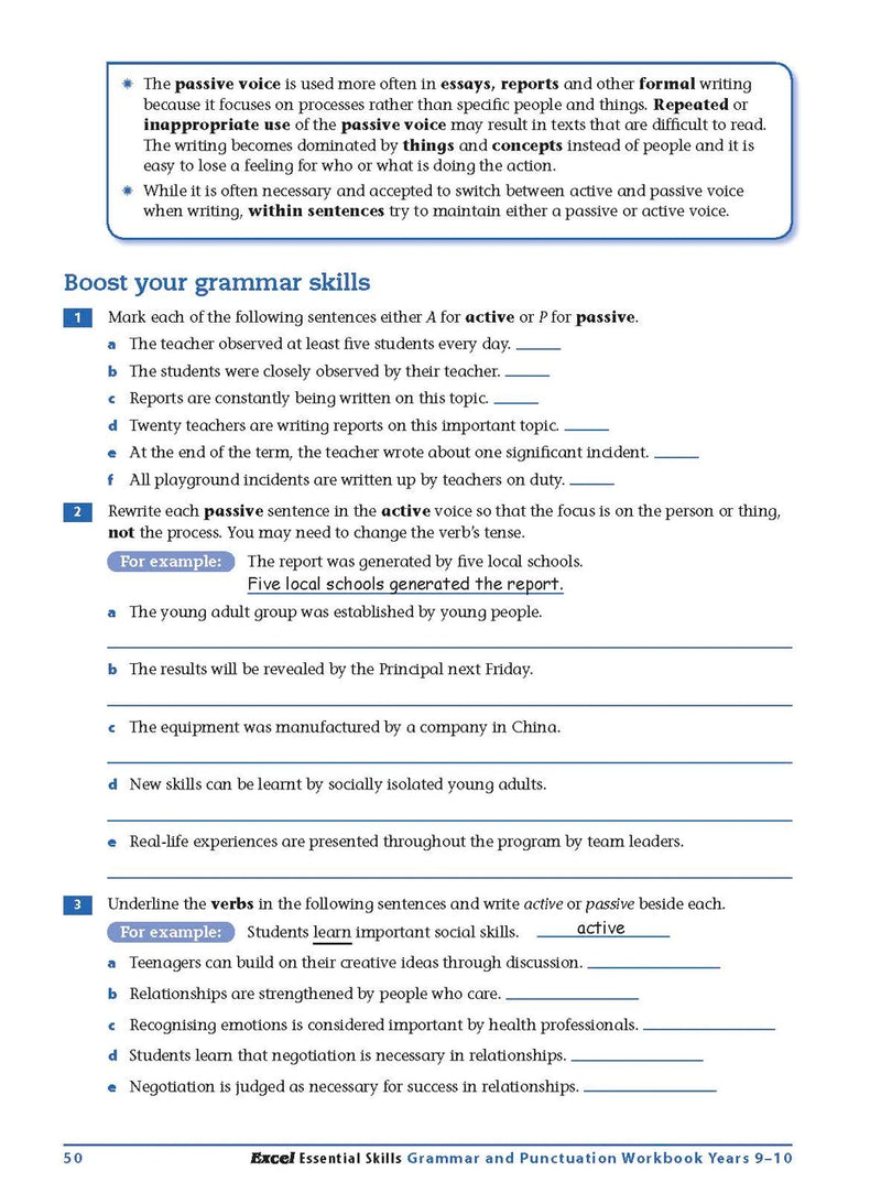 Sample interior page from the Excel Essential Skills Grammar and Punctuation Workbook Years 9-10 as shown in the publisher preview