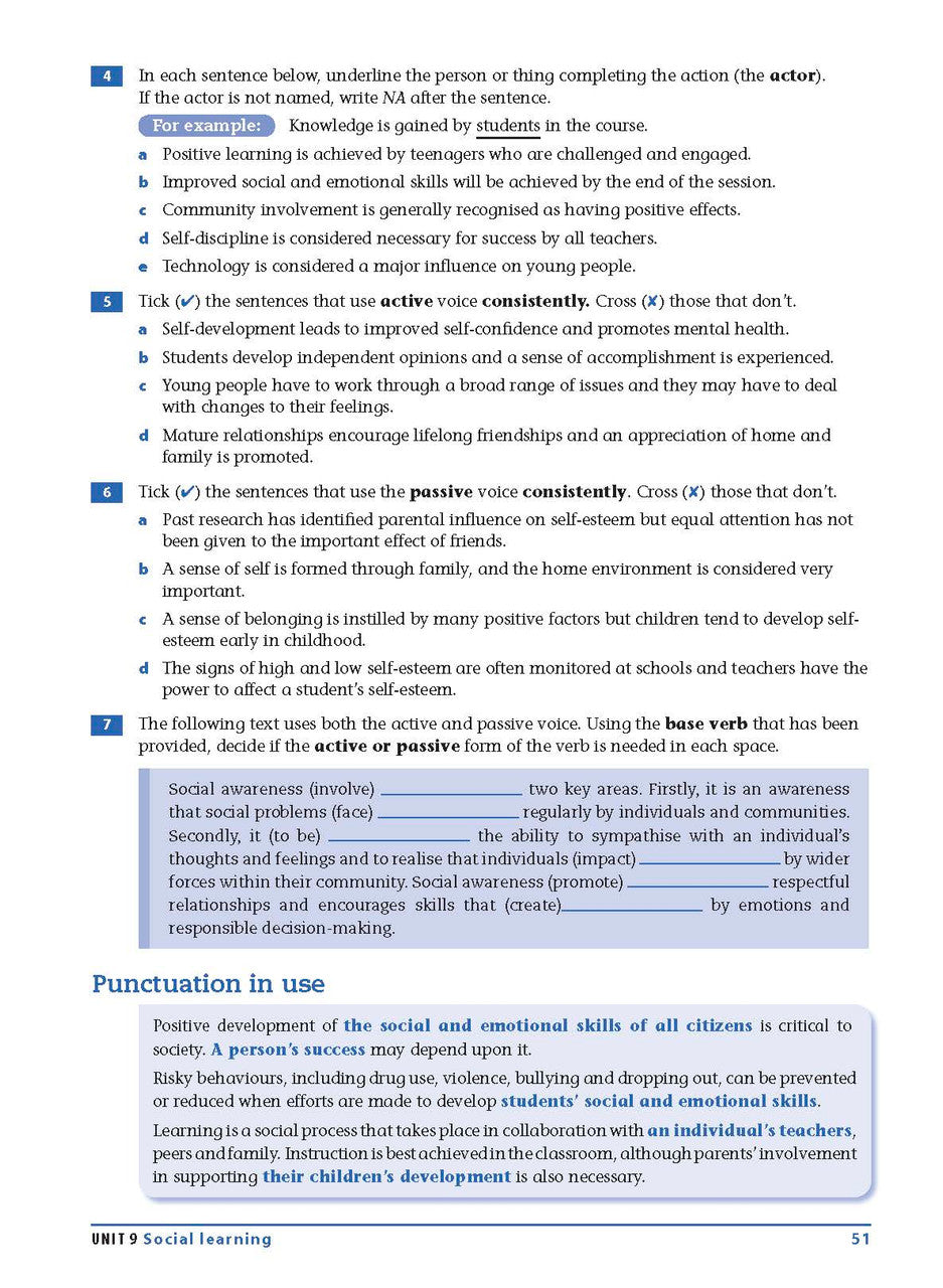 Sample interior page from the Excel Essential Skills Grammar and Punctuation Workbook Years 9-10 as shown in the publisher preview