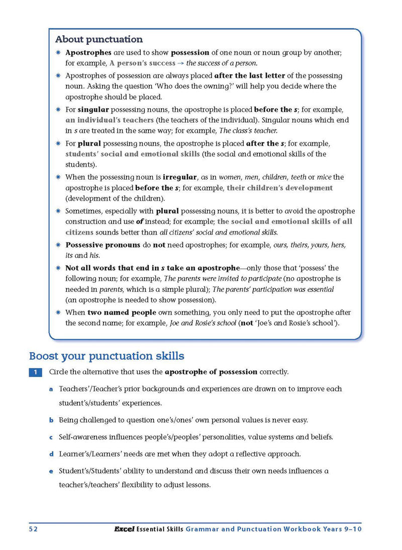 Sample interior page from the Excel Essential Skills Grammar and Punctuation Workbook Years 9-10 as shown in the publisher preview