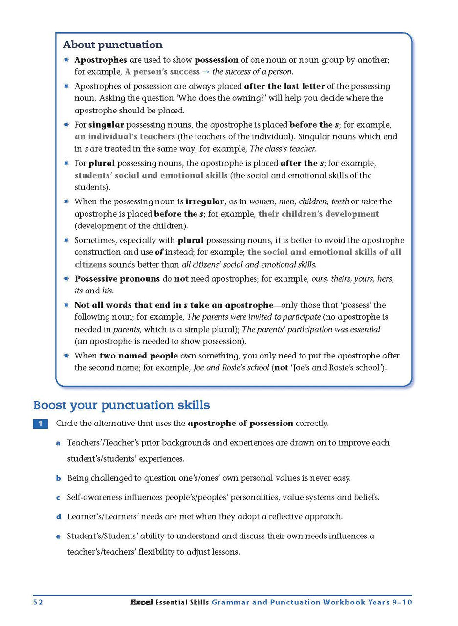 Sample interior page from the Excel Essential Skills Grammar and Punctuation Workbook Years 9-10 as shown in the publisher preview