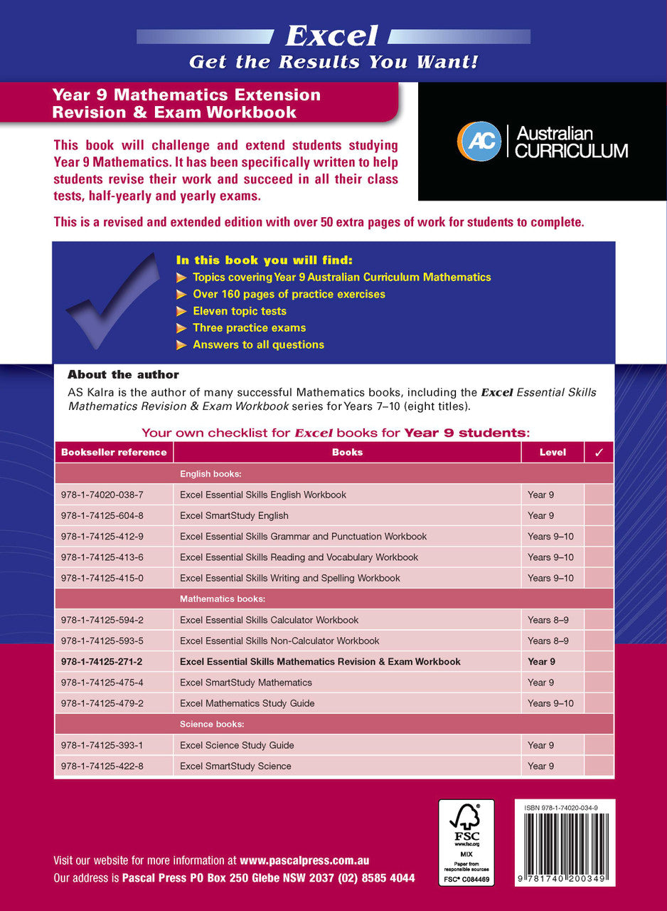 Back cover of Excel Essential Skills Mathematics Extension Revision and Exam Workbook Year 9, published by Pascal Press in the Excel Essential Skills series