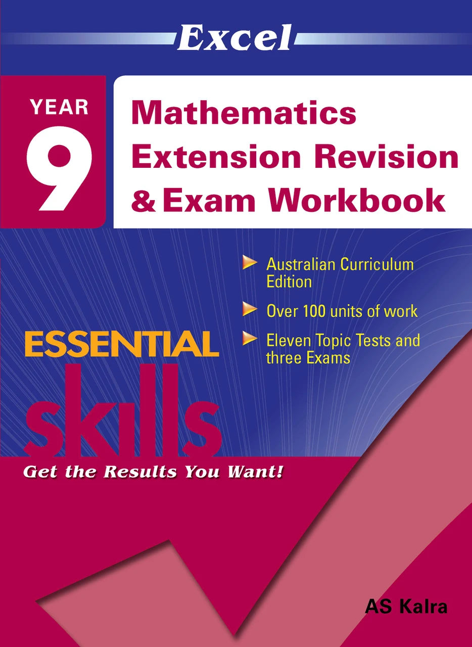 Front cover of Excel Essential Skills Mathematics Extension Revision and Exam Workbook Year 9 from Pascal Press, showing the Excel Essential Skills series branding and title