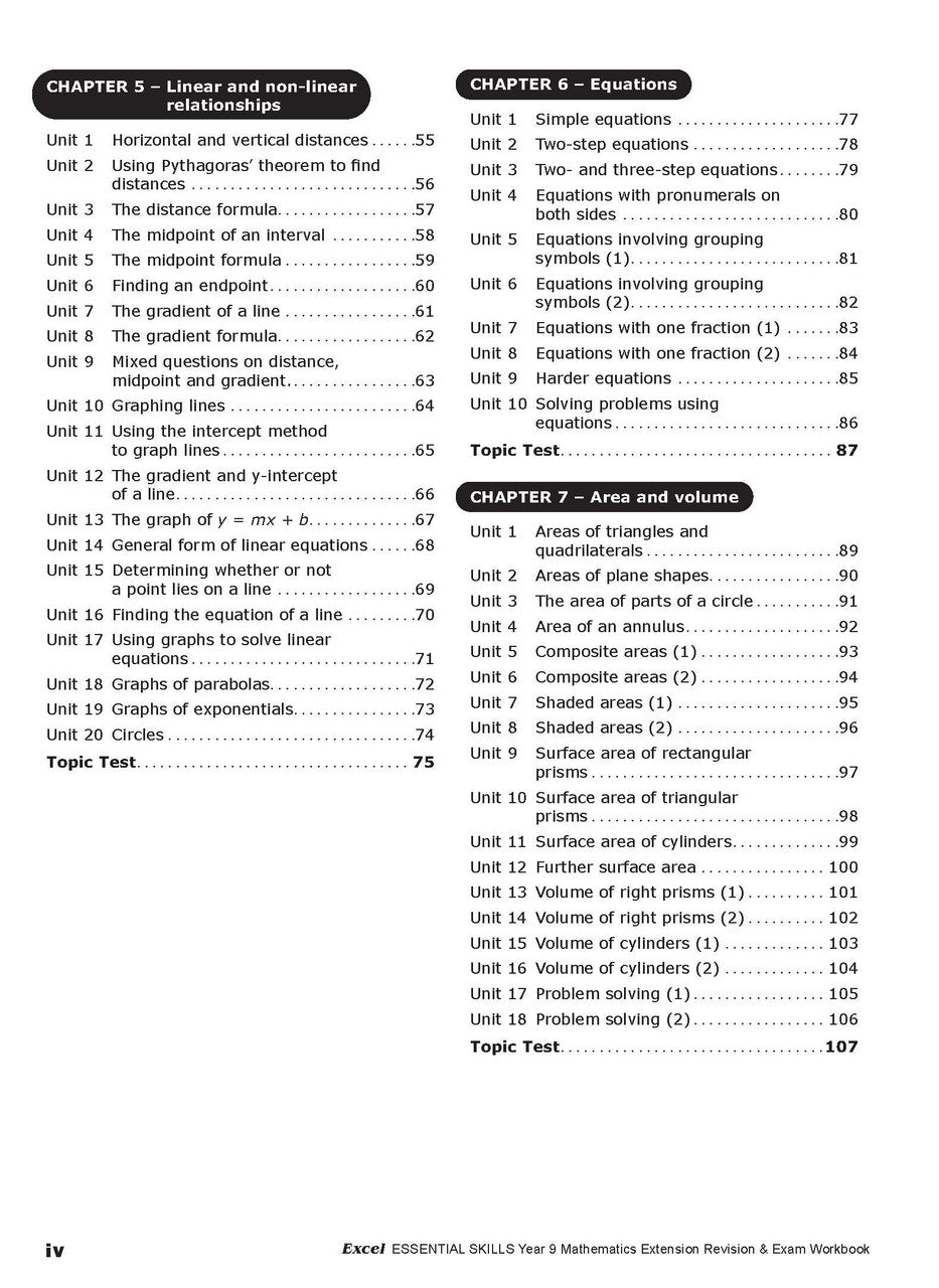 Second sample inside page from Excel Essential Skills Mathematics Extension Revision and Exam Workbook Year 9, showing printed maths content from the workbook