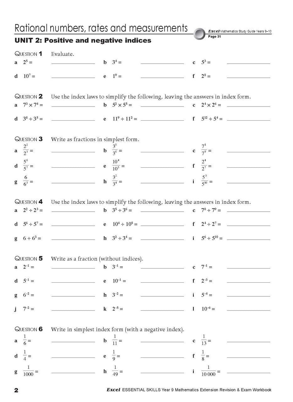 Sixth sample inside page from Excel Essential Skills Mathematics Extension Revision and Exam Workbook Year 9, showing printed maths content from the workbook