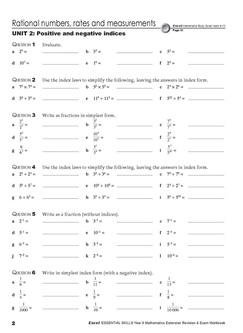 Sixth sample inside page from Excel Essential Skills Mathematics Extension Revision and Exam Workbook Year 9, showing printed maths content from the workbook