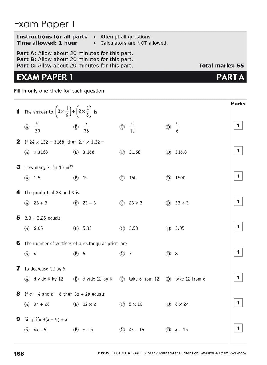 Ninth sample inside page from Excel Essential Skills Mathematics Extension Revision and Exam Workbook Year 7, showing printed maths content from the workbook