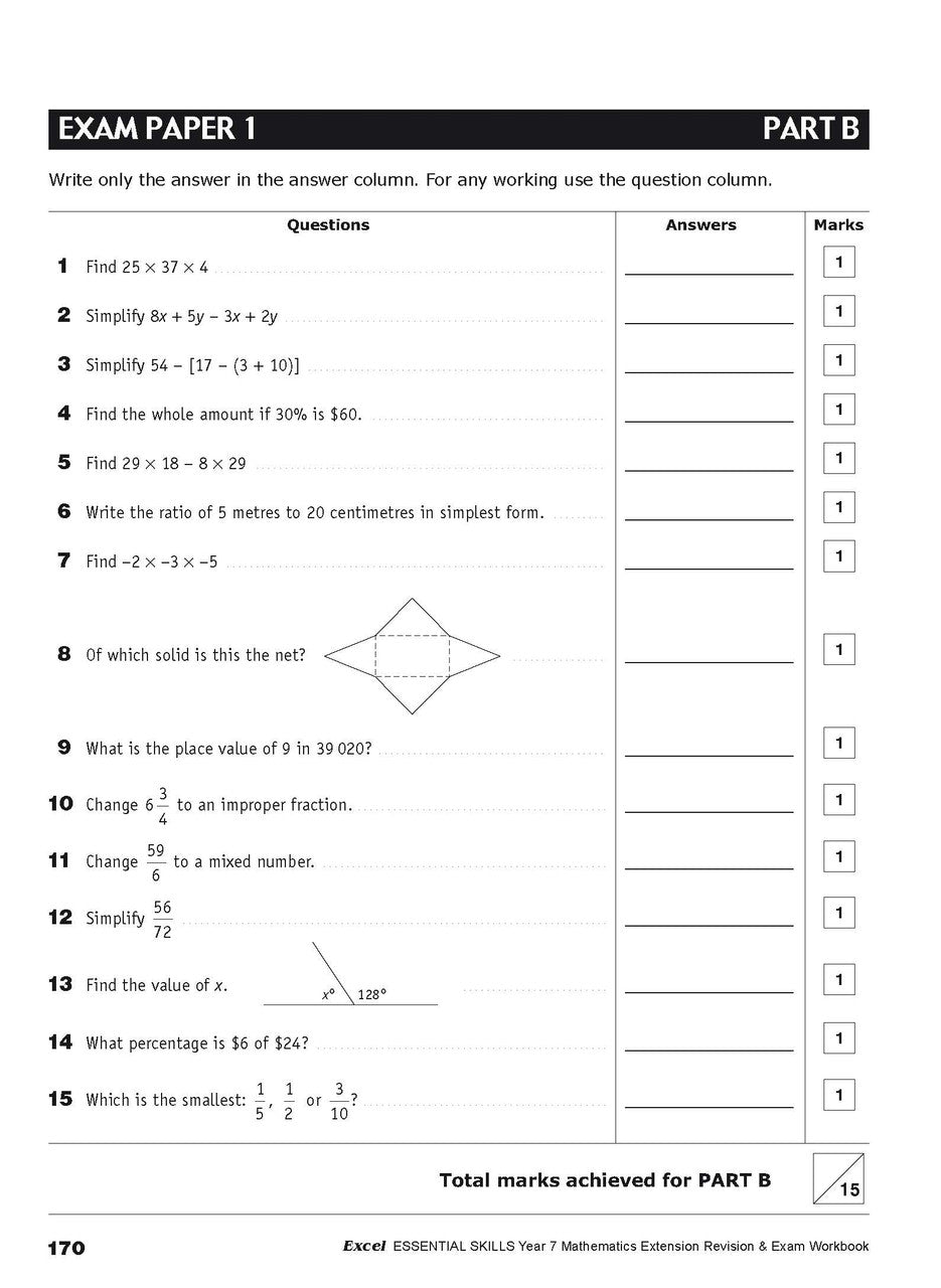 Tenth sample inside page from Excel Essential Skills Mathematics Extension Revision and Exam Workbook Year 7, showing printed maths content from the workbook