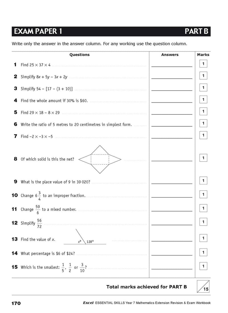 Tenth sample inside page from Excel Essential Skills Mathematics Extension Revision and Exam Workbook Year 7, showing printed maths content from the workbook