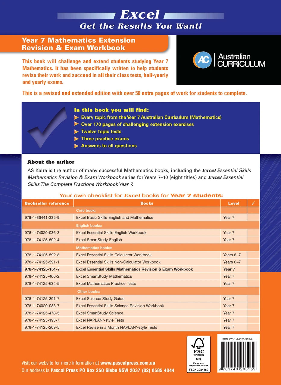 Back cover of Excel Essential Skills Mathematics Extension Revision and Exam Workbook Year 7, published by Pascal Press in the Excel Essential Skills series