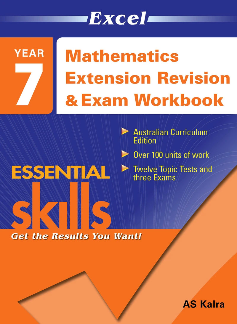 Front cover of Excel Essential Skills Mathematics Extension Revision and Exam Workbook Year 7 from Pascal Press, showing the Excel Essential Skills series branding and title