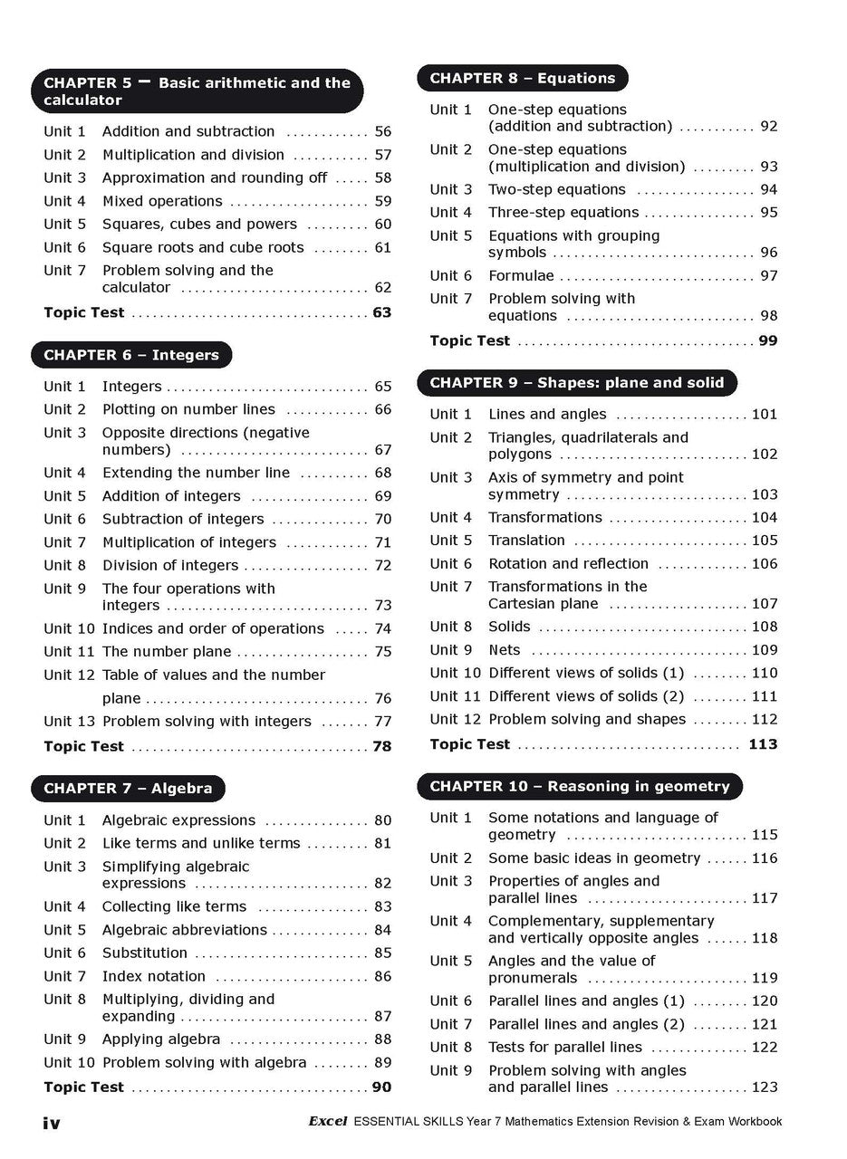 Second sample inside page from Excel Essential Skills Mathematics Extension Revision and Exam Workbook Year 7, showing printed maths content from the workbook