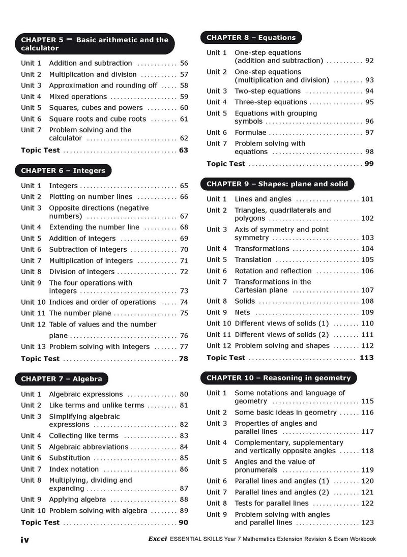 Second sample inside page from Excel Essential Skills Mathematics Extension Revision and Exam Workbook Year 7, showing printed maths content from the workbook