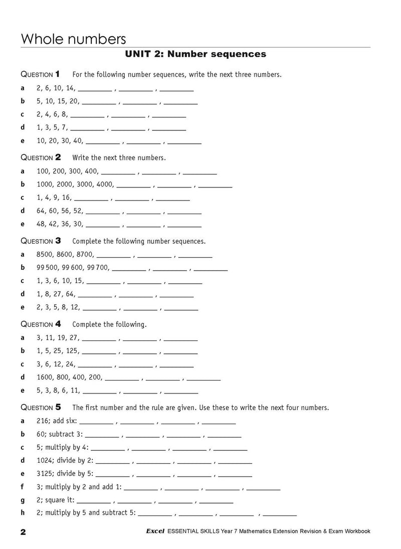 Sixth sample inside page from Excel Essential Skills Mathematics Extension Revision and Exam Workbook Year 7, showing printed maths content from the workbook