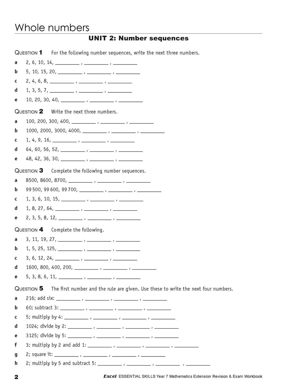 Sixth sample inside page from Excel Essential Skills Mathematics Extension Revision and Exam Workbook Year 7, showing printed maths content from the workbook