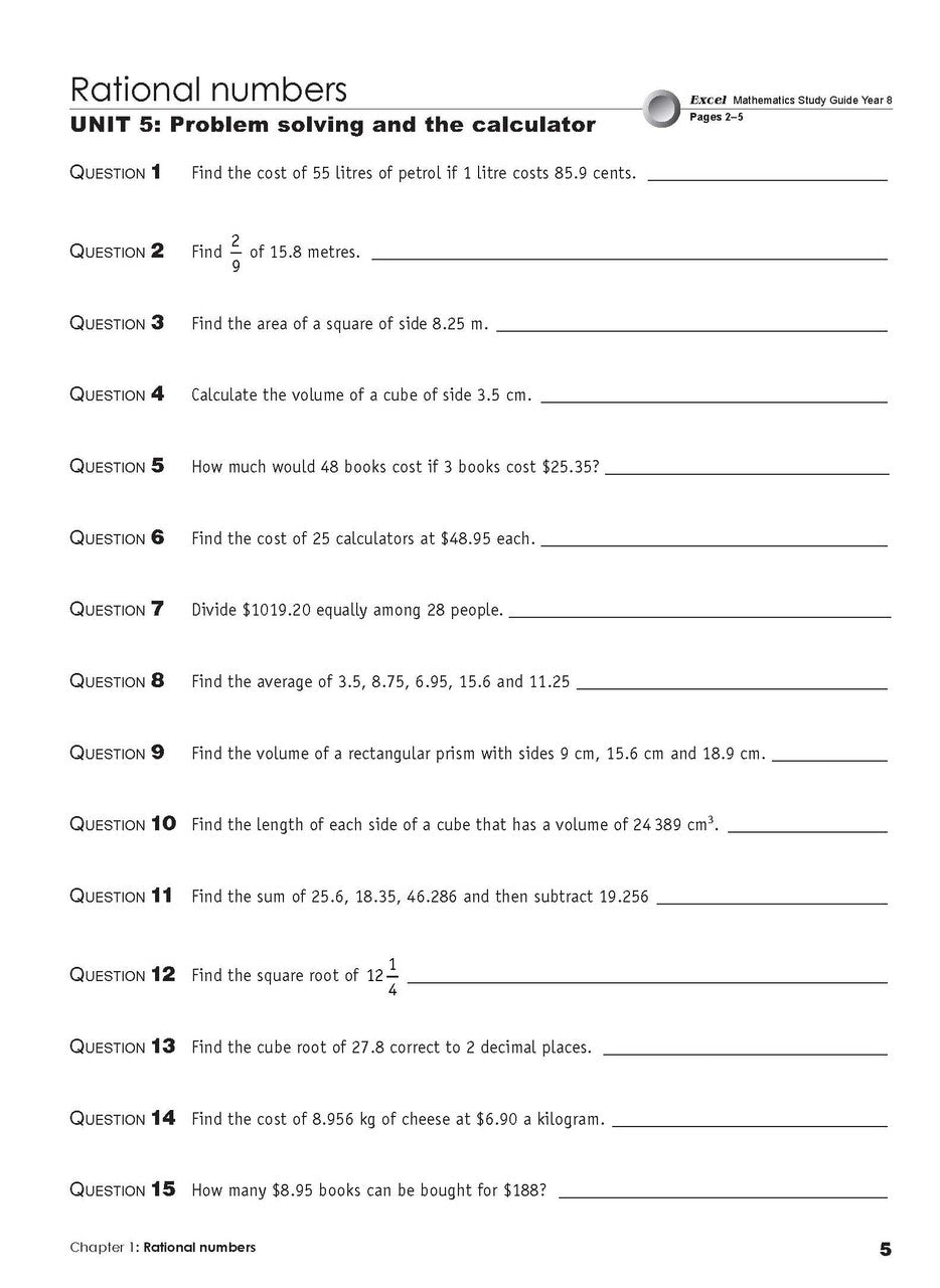 Ninth sample inside page from Excel Essential Skills Mathematics Extension Revision and Exam Workbook Year 8, showing printed maths content from the workbook