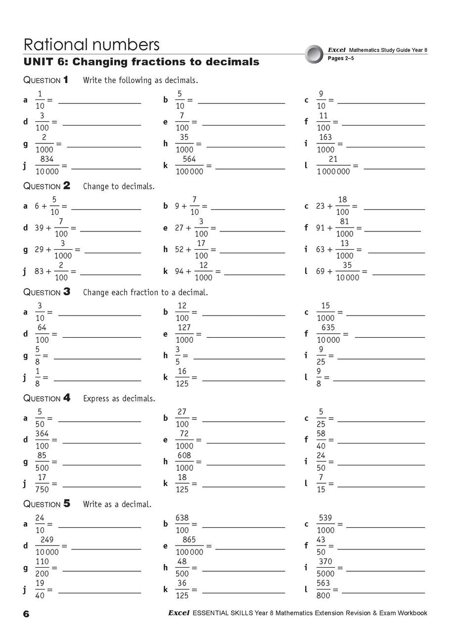 Tenth sample inside page from Excel Essential Skills Mathematics Extension Revision and Exam Workbook Year 8, showing printed maths content from the workbook