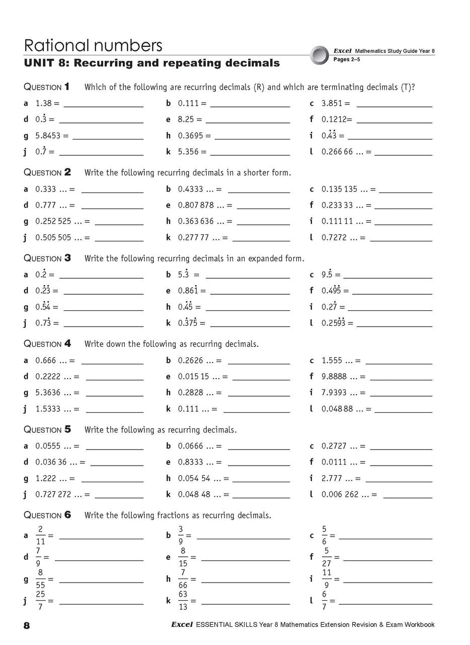 Twelfth sample inside page from Excel Essential Skills Mathematics Extension Revision and Exam Workbook Year 8, showing printed maths content from the workbook