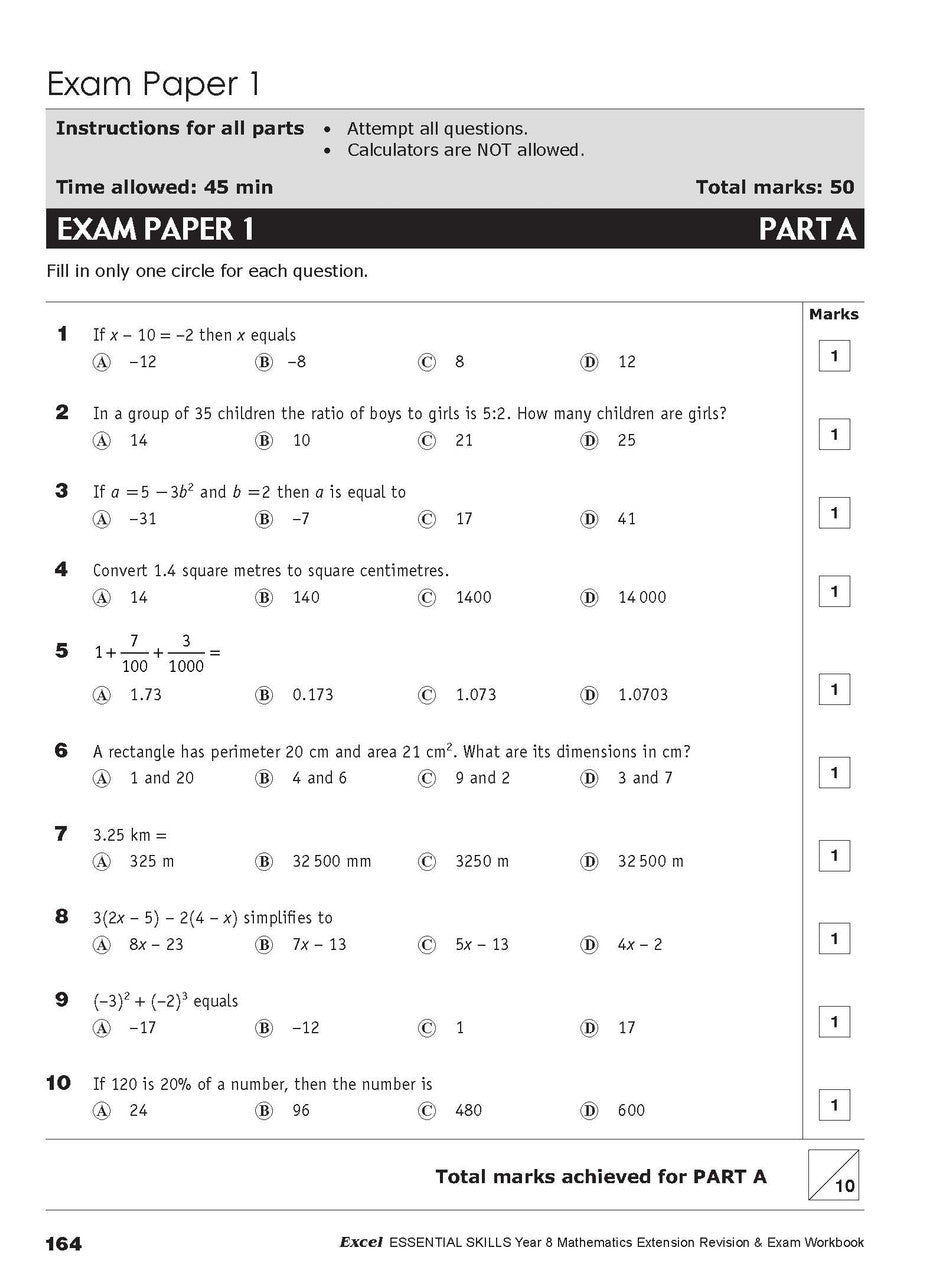 Twenty-second sample inside page from Excel Essential Skills Mathematics Extension Revision and Exam Workbook Year 8, showing printed maths content from the workbook