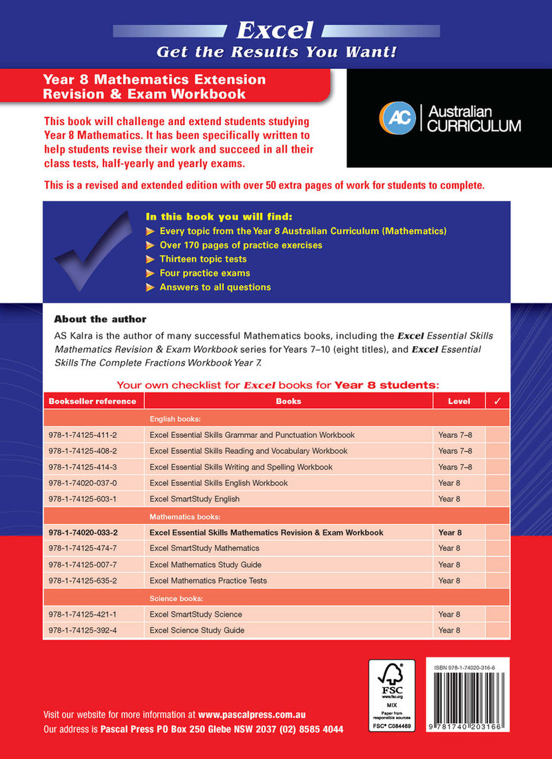 Back cover of Excel Essential Skills Mathematics Extension Revision and Exam Workbook Year 8, published by Pascal Press in the Excel Essential Skills series