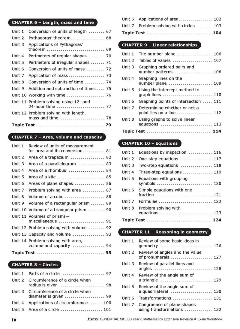 Second sample inside page from Excel Essential Skills Mathematics Extension Revision and Exam Workbook Year 8, showing printed maths content from the workbook