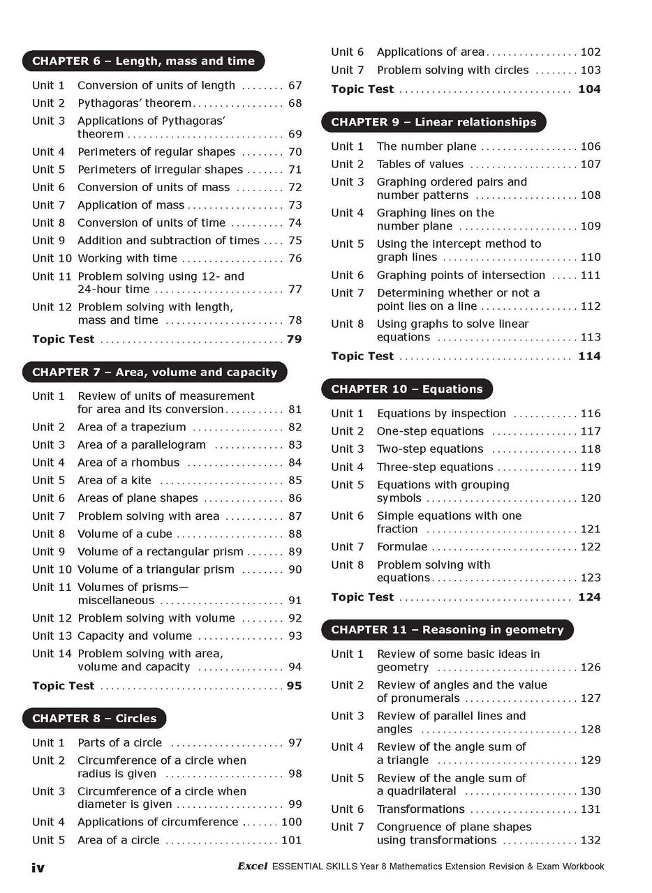 Second sample inside page from Excel Essential Skills Mathematics Extension Revision and Exam Workbook Year 8, showing printed maths content from the workbook