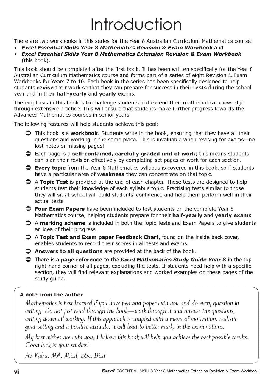 Fourth sample inside page from Excel Essential Skills Mathematics Extension Revision and Exam Workbook Year 8, showing printed maths content from the workbook